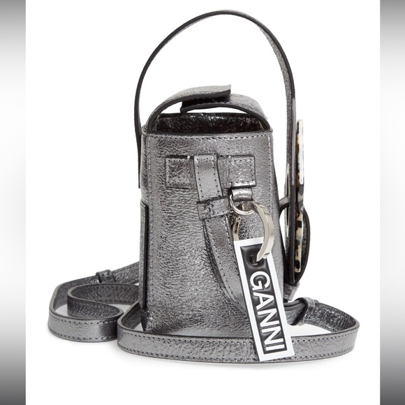 Ganni Silver Metallic Leather Crossbody Box Bag - Picture 3 of 7
